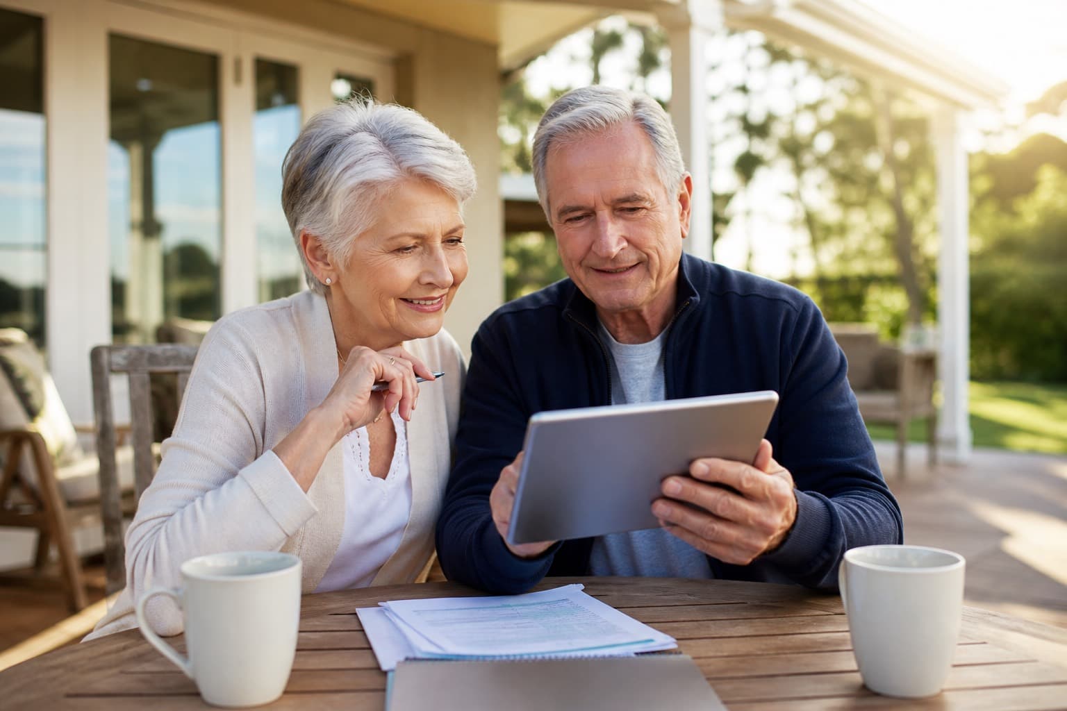 Couple reviewing retirement planning notes on a tablet